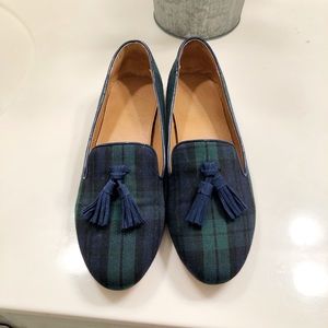 J Crew black watch plaid tassel flats/loafers 8.5